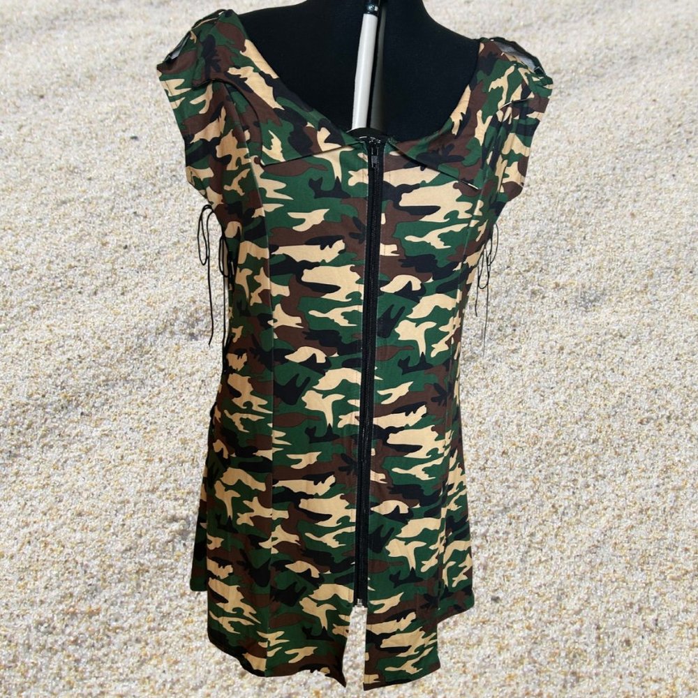 Smiffys Zip-up Camoflage Dress with Matching Hat Costume, size L